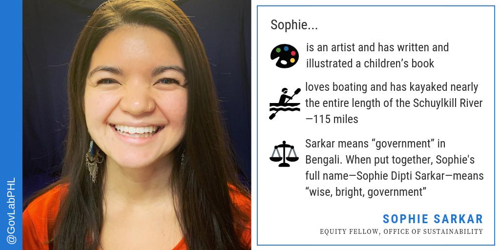 govlabphl's tweet photo. Sophie Sarkar:
⭐️ @GreenworksPhila all-star
🛶 Boating enthusiast
🏆 Our latest #GovLabPHL champion!
Learn more about her! ⤵️ https://t.co/0aD7drelLF