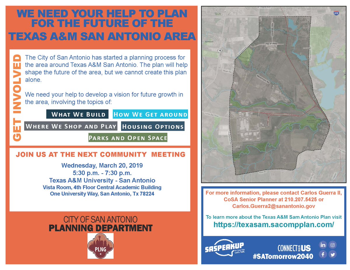 SATomorrow2040's tweet image. Help us plan the future of #SanAntonio
#WhatWeBuild
#HowWeGetAround
#WhereWeShopAndPlay
#HousingOptions
#ParksAndOpenSpace
All this depends on you!