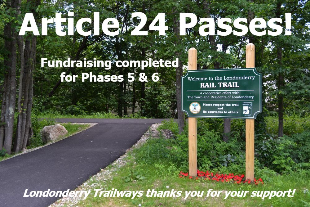 Big news for Londonderry Trailways... Article 24 has PASSED! This means we now have the funding to complete phases 5 &amp; 6 of the Rail Trail. Thank you to everyone who voted for your support! #railstotrails #LondonderryNH