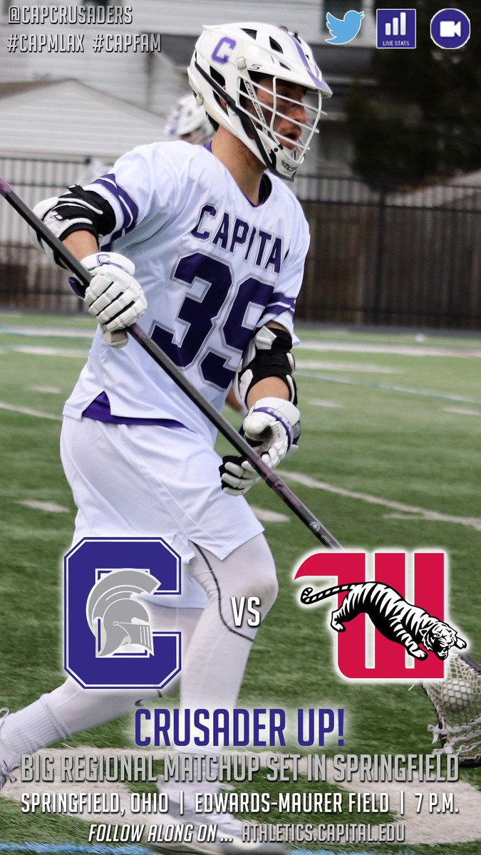 The boys are on the 🚌 and we're only a couple hours from game time at Wittenberg! Follow along and cheer on @CapMensLax with this thread come game time! #CapMLAX ⚔ at 🐅 ⌚ 7 pm 📍 Springfield, Ohio 🏟 Edwards-Maurer Field 📊 bit.ly/2VZOaHD 📺 bit.ly/2XU9eRs