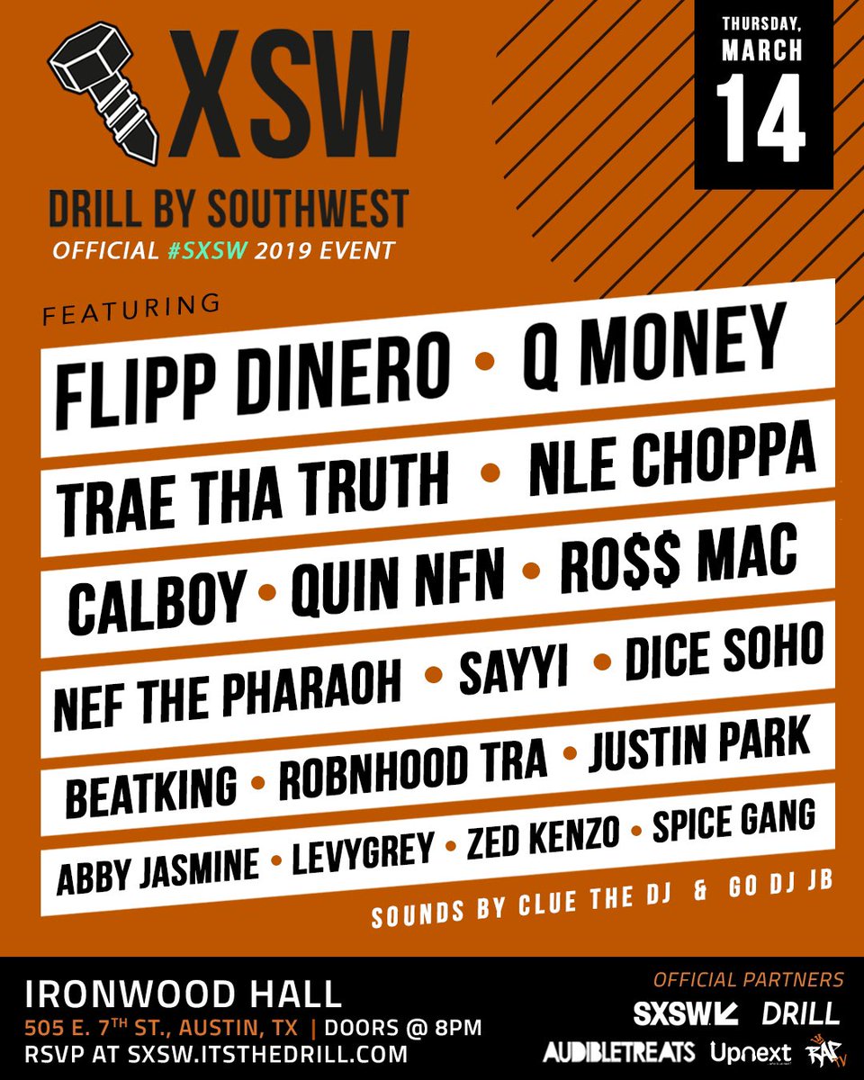 📍Austin - Thurs., March 14th
DRILL By Southwest 🔩↙️
#DRILLXSW #SXSW
RSVP at sxsw.itsthedrill.com ⬅️