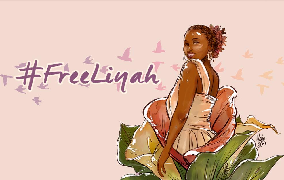 drawing of liyah with flower and birds flying behind her