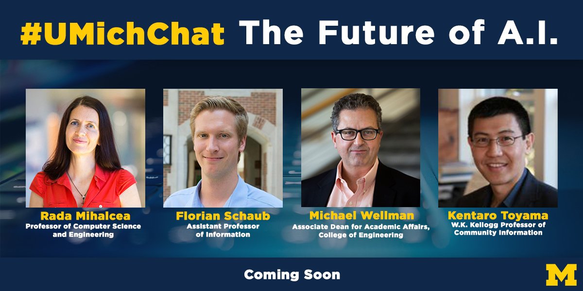 UMich's tweet photo. Due to the current Facebook outage, our #UMichChat scheduled for this evening on the future of artificial intelligence will be recorded and uploaded instead of being broadcast via Facebook Live. https://t.co/qWyeSCo0a6