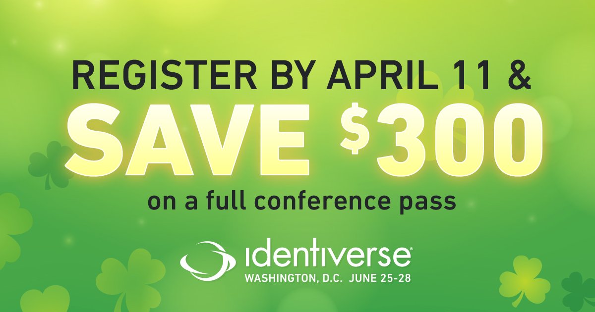 ☘️ Lucky you! You don’t need to be Irish to save on #Identiverse 2019! Register by April 11 &amp; you’ll save $300 on your full conference pass. We hope to see you in Washington, D.C. in June! 💚 ow.ly/cFo130o2elT  #StPatricksDay Special ✨