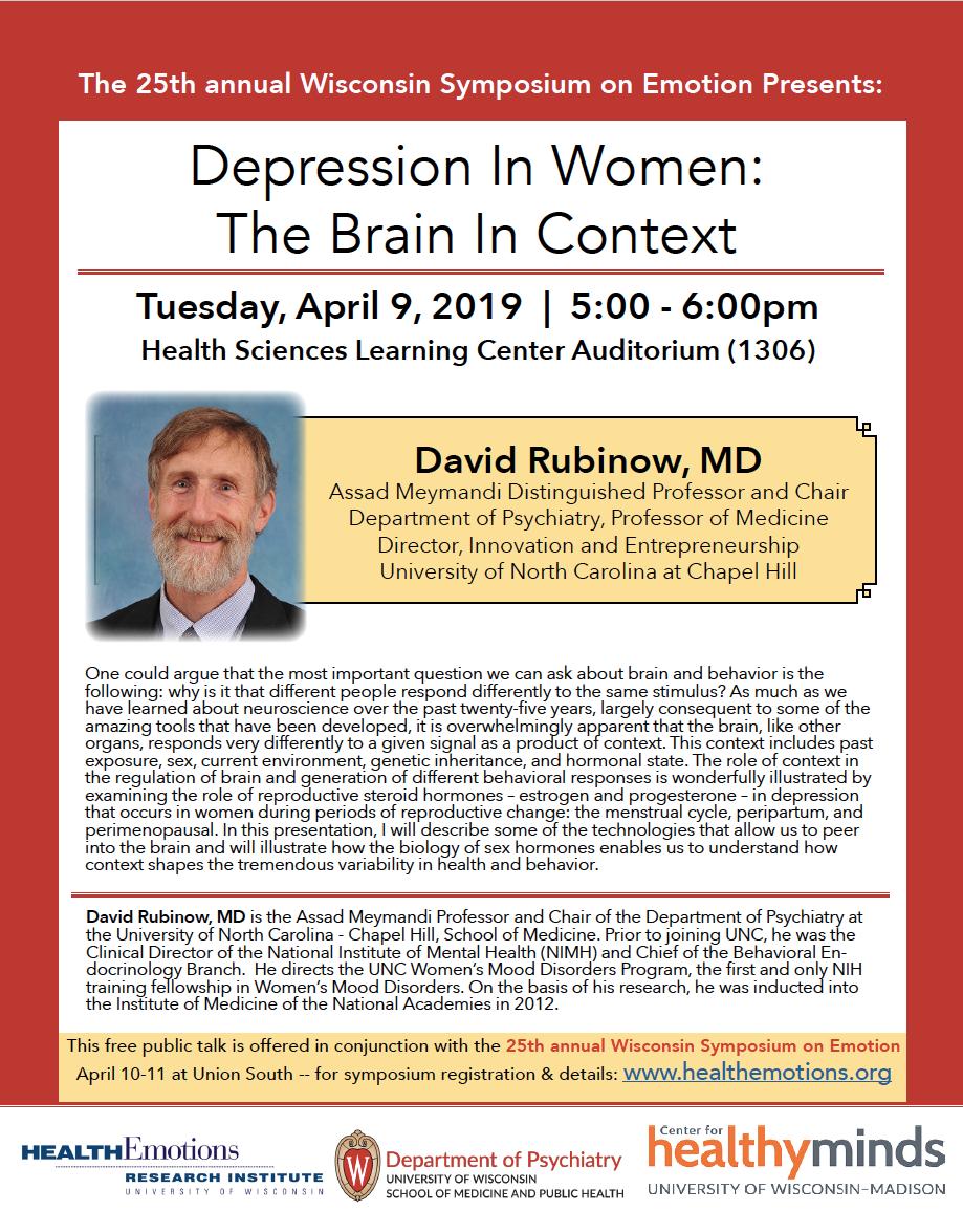 HealthEmotions Research Institute (@wi_symposiumemo) on Twitter photo Public talk by former NIMH Clinical Director and Chair of Psychiatry at UNC-Chapel Hill - Dr. David Rubinow - Tues April 9th 5:00pm at UW Health Sciences Learning Center auditorium: "Women in Depression: The Brain in Context" - mark your calendars! <a href="/WiscObGyn/">UW Dept. of Ob-Gyn</a> <a href="/UWMadisonMedia/">UW-Madison Media</a> Public talk by former NIMH Clinical Director and Chair of Psychiatry at UNC-Chapel Hill - Dr. David Rubinow - Tues April 9th 5:00pm at UW Health Sciences Learning Center auditorium: "Women in Depression: The Brain in Context" - mark your calendars! <a href="/WiscObGyn/">UW Dept. of Ob-Gyn</a> <a href="/UWMadisonMedia/">UW-Madison Media</a>