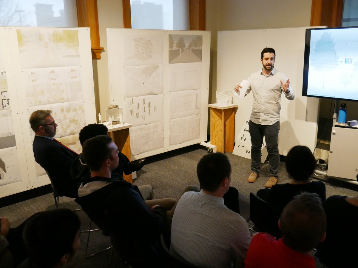 UNLarchitecture's tweet photo. . @RonnieDGreen Green stopped by for a studio critique of the “free speech pillar” project from @jeffreylday's studio. A collaboration with Hunter Trainer, ASUN president, to create a set of campus kiosks which anyone can post leaflets &amp; posters to without need of approval #UNL https://t.co/5FDJoEwSVs