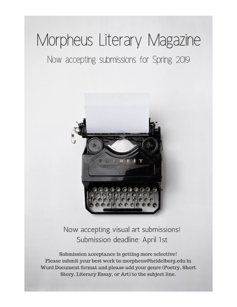 Morpheus (@humorpheus) on Twitter photo Along with our poetry contest, general submissions of any creative writing can be sent to morpheus@heidelberg.edu by April 1st! Along with our poetry contest, general submissions of any creative writing can be sent to morpheus@heidelberg.edu by April 1st!
