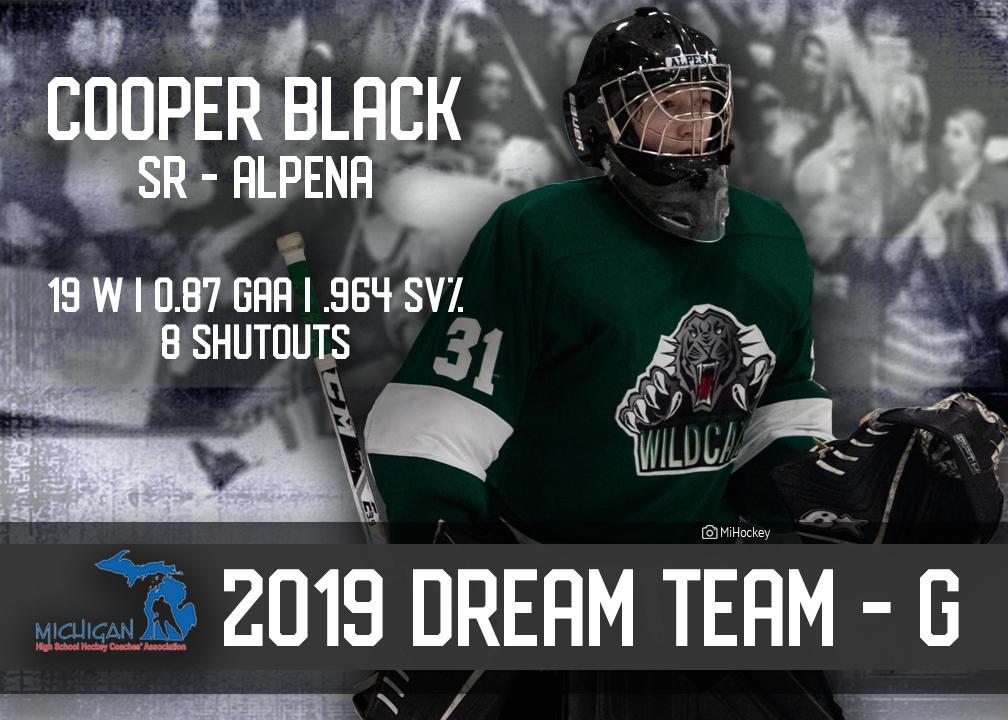 MichHSHockey's tweet photo. Introducing this years Dream Team Goaltender.... a Senior from @AlpenaWildcats  - Cooper Black - Congratulations! #2019DreamTeam https://t.co/4Aa5rbfSVs