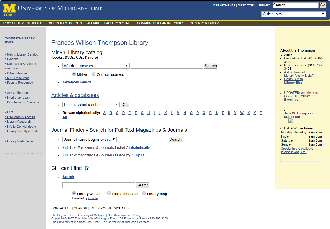 ThompsonLibrary's tweet photo. Probably not #MyFirstTimeOnline but @waybackmachine first captured out website in Oct. 2007! How times have changed! #umflint #Web30 https://t.co/VvLwGMmTBF