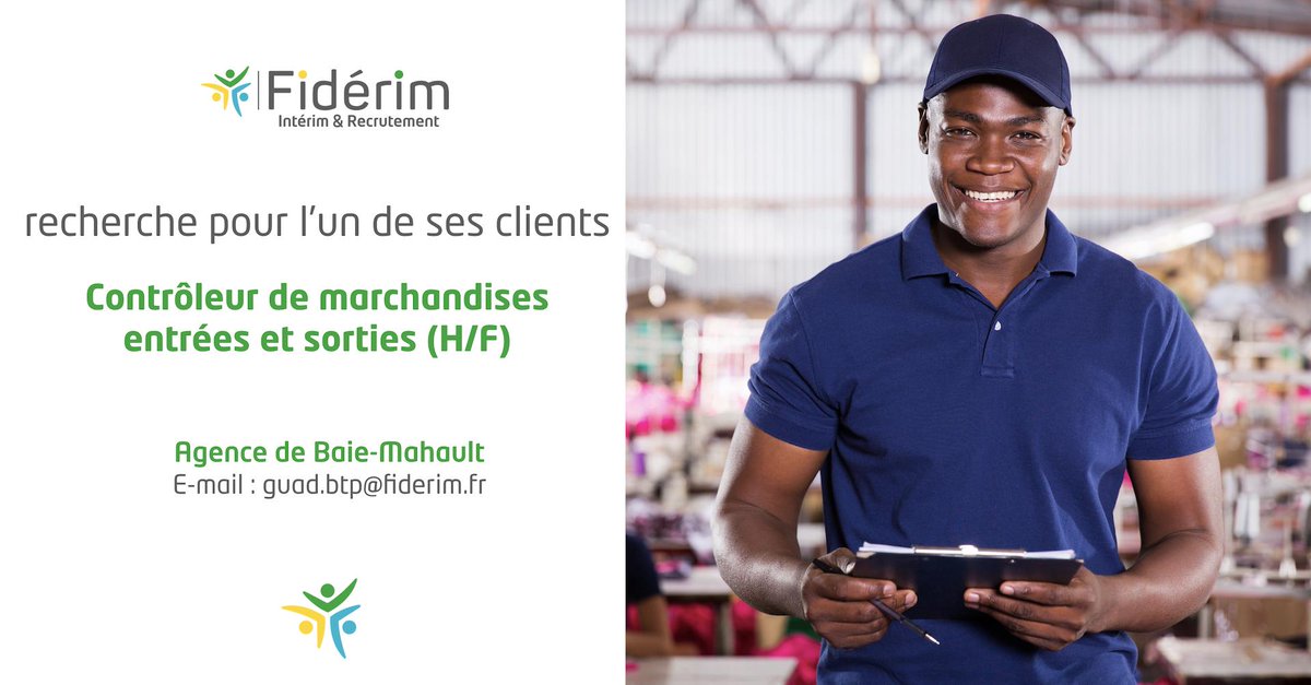 🔎 Notre agence Fidérim Baie-Mahault recherche pour l’un de ses clients, un Contrôleur de marchandises entrées et sorties (H/F). 
Découvrez l'offre ici ➡️ bit.ly/2HthfXS