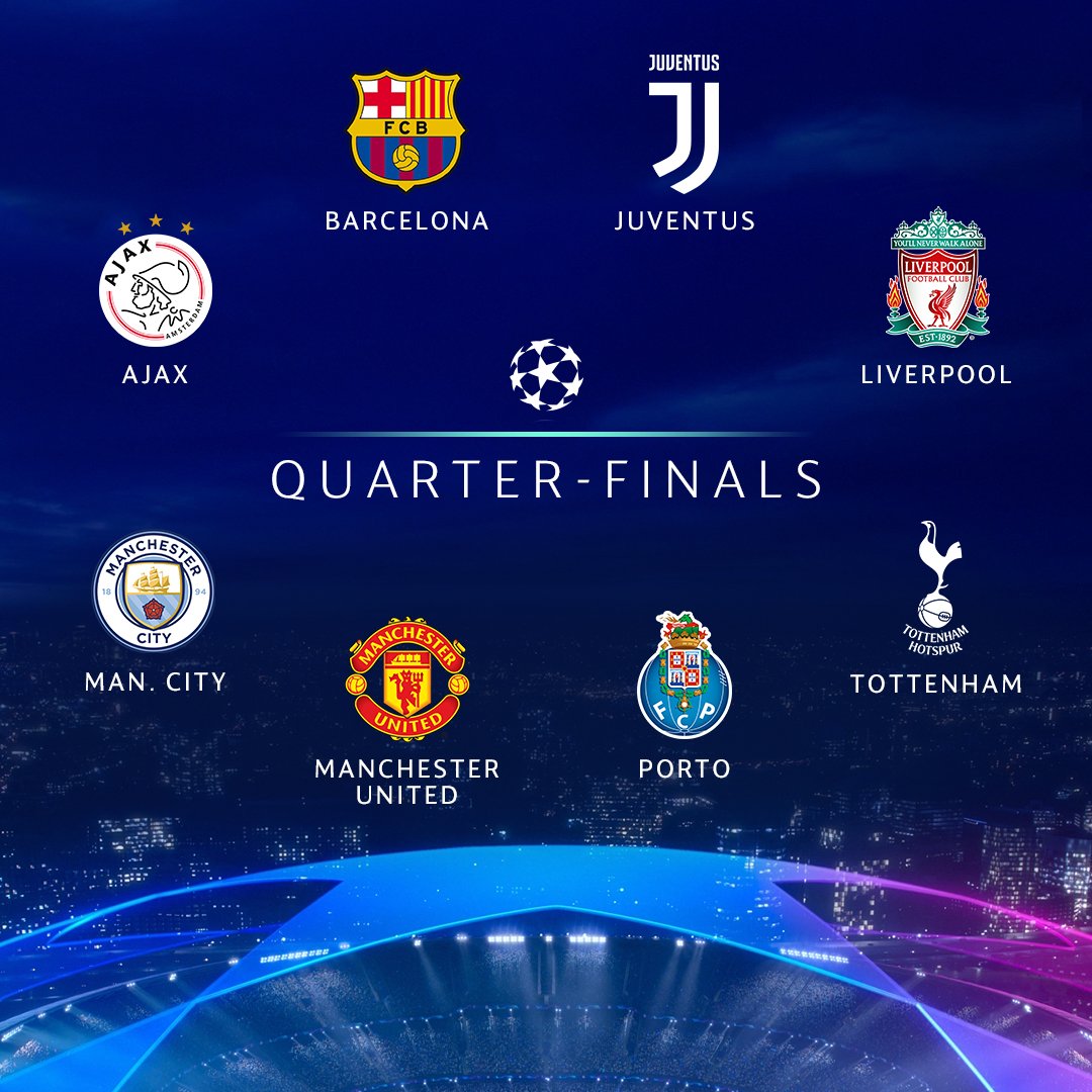 UEFA Champions League on Twitter: "Your 2018/19 #UCL quarter-finalists 🙌 🇳🇱 @AFCAjax 🇪🇸 🇮🇹 @juventusfc 🏴󠁧󠁢󠁥󠁮󠁧󠁿 @LFC 🏴󠁧󠁢󠁥󠁮󠁧󠁿 @ManCity 🏴󠁧󠁢󠁥󠁮󠁧󠁿 @ManUtd 🇵🇹 @FCPorto Who are you