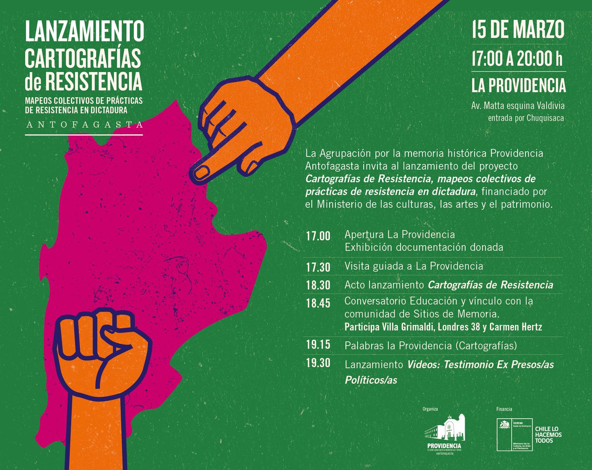 (Continua) ✅El Proyecto, cuyo lanzamiento tendrá lugar en el Sitio de Memoria Providencia de #Antofagasta, fue financiado a través del Programa Cultura, Memoria y Derechos Humanos 2018, de la Seremi de las Culturas, las Artes y el Patrimonio, Región de #Antofagasta