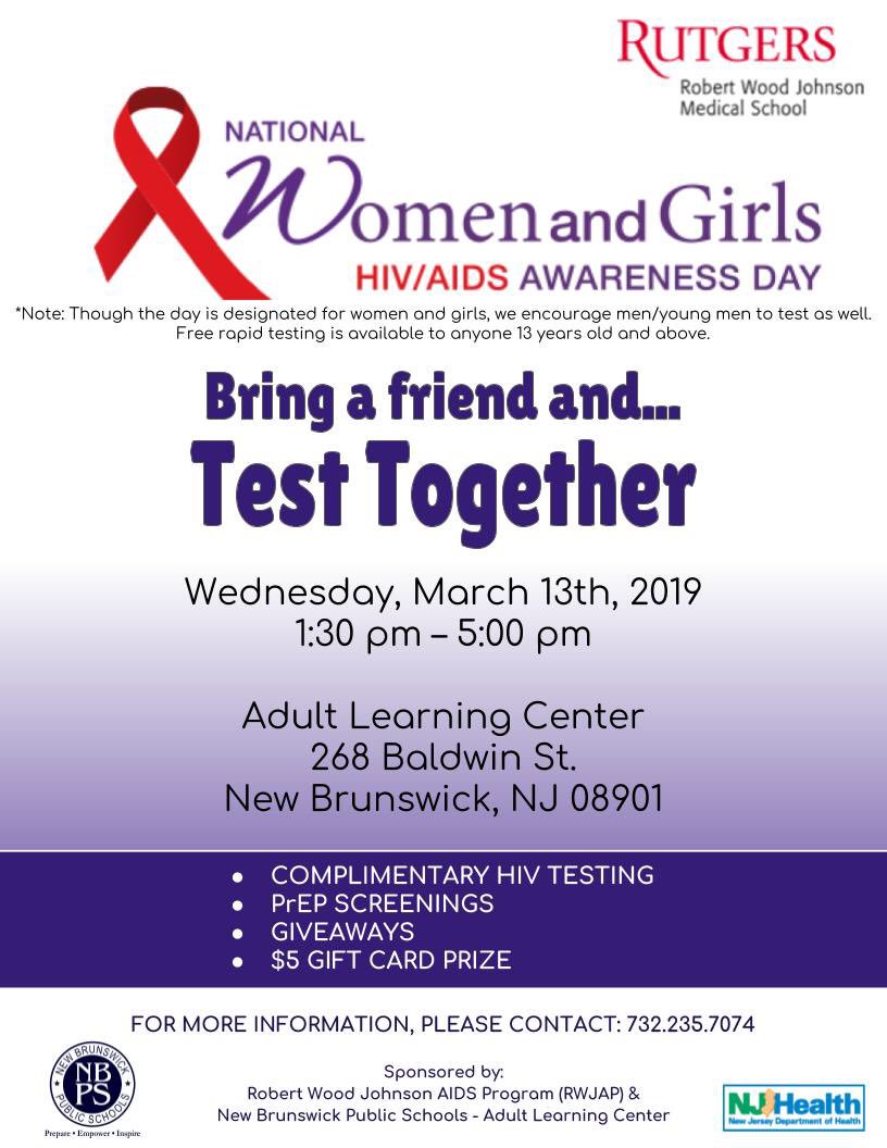 Ivania_NBPS's tweet photo. Raising awareness to the students of the Adult Learning Center in honor of #NationalWomenandGirlsHIVAIDSAwarenessDay! Rutgers RWJ AIDS Program provided our @alc_NBPS students with HIV/AIDS information &amp; with #confidential FREE HIV Testing and PrEP screenings. @nbpschools #Health https://t.co/1ljsxec3o8
