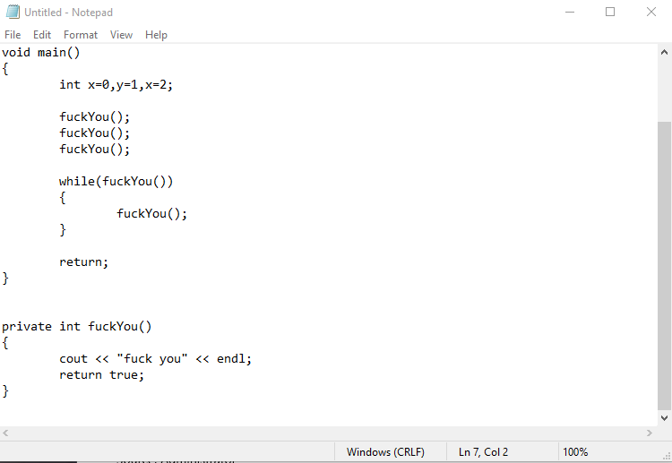 Barnacules's tweet image. I was getting ready to reboot my VM this morning and found this little gem sitting in notepad on the desktop from screwing around on live stream last night while I was half asleep 🤣 #GoodCode #BestPractices #Microsoft