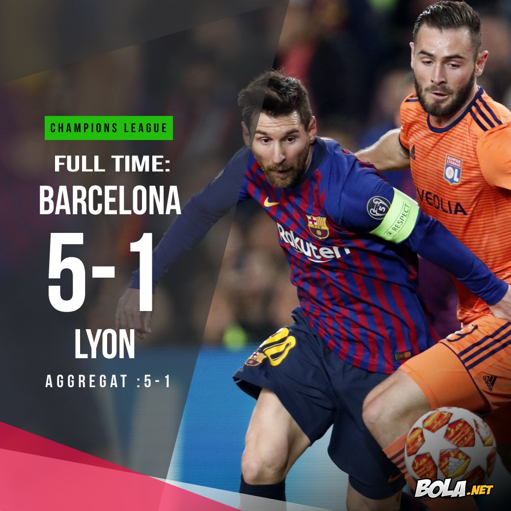 Bolanet's tweet photo. #LiveBolanet FT: Barcelona 5-1 Lyon (18'78' Messi, 31' Coutinho, 81' Pique, 86' Dembele ; 58' Tousart) (Agg: 5-1) | Possessions: 55%-45% | Shots: 19-11 | Tackles: 19-17

Barcelona Pesta Gol di Camp Nou https://t.co/SIcXHMbq24