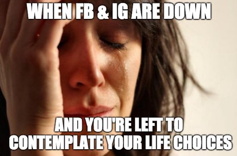 By the time FB and Instagram are back up and running tomorrow, you could have saved:

1,100 Gallons of Water 
30 Sq Ft. of Forest 
20 Lbs of Co2
1 Animal Life 
#GoVegan

#FacebookDown #InstagramDown