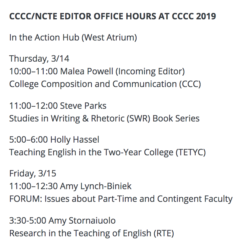 Have an idea for a journal article or book manuscript? <a href="/ncte/">National Council of Teachers of English (NCTE)</a>_cccc, <a href="/ncte_tyca/">TYCA</a>, and @ncte editors will be holding office hours throughout #4C19 in the Action Hub (West Atrium). Stop by to pitch an idea and to hear about their plans for upcoming publications.