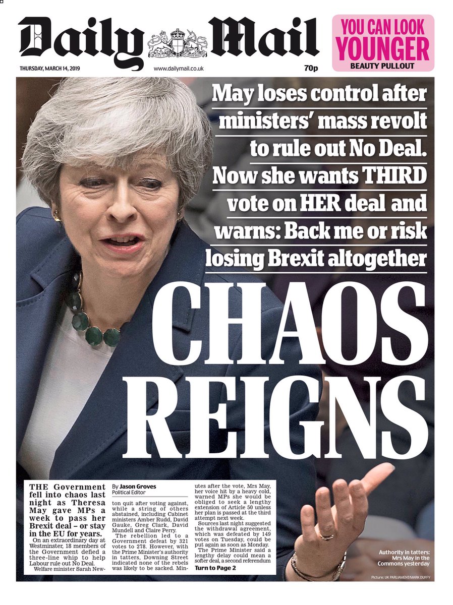 BBCNews's tweet photo. Thursday’s Mail: Chaos reigns #tomorrowspaperstoday #bbcpapers (via @BBCHelenaLee) https://t.co/WvCr4aQiQO