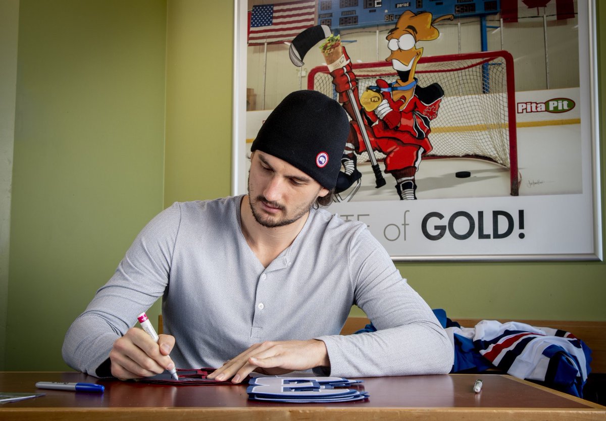 Connor Hellebuyck learning the ropes to making a pita master piece. Visit our Facebook page to learn how you could win a $1200 signed Connor Hellebuyck jersey by guessing which pita he is eating. *Contest closes Friday, May 31st. On June 1st the winner will be announced.