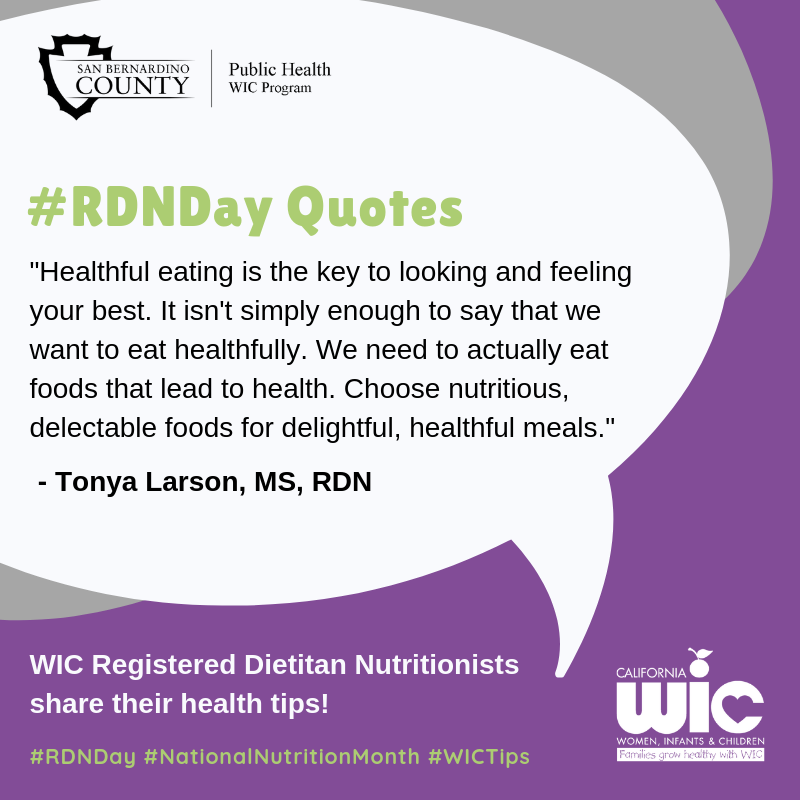 HealthyWIC's tweet photo. Happy Registered Dietitian Nutritionist (RDN) Day! We celebrate and thank all the RDs (RDNs) who work for WIC and make a difference in the lives of our families. Our very own WIC RDN Tonya Larson shares a special health tip! 💡
#RDNday #NationalNutritionMonth #WICTips https://t.co/3PNFYXN8qU