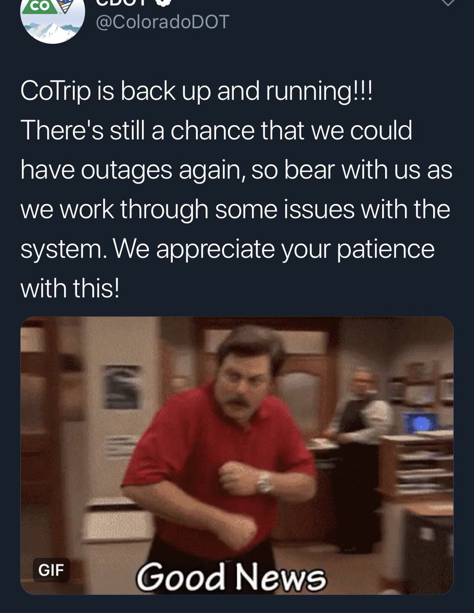 MackRusso3's tweet photo. Can we all take a minute to appreciate @ColoradoDOT ‘s gif use during this state of emergency? A+. https://t.co/0nRHenceVv