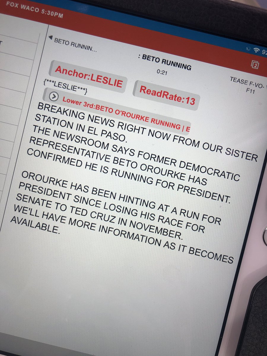BREAKING: <a href="/BetoORourke/">Beto O'Rourke</a> announces he’s running for President #Election2020 #fox44tx <a href="/KWKTFOX44/">KWKT FOX 44</a>