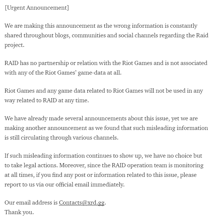 RAIDOfficial2's tweet photo. [Urgent Announcement]
We have already made several announcements about this issue, yet we are making another announcement as we found that such misleading information is still circulating through various channels.

Our email address is Contacts@xrd.gg https://t.co/XUu4qRozBp