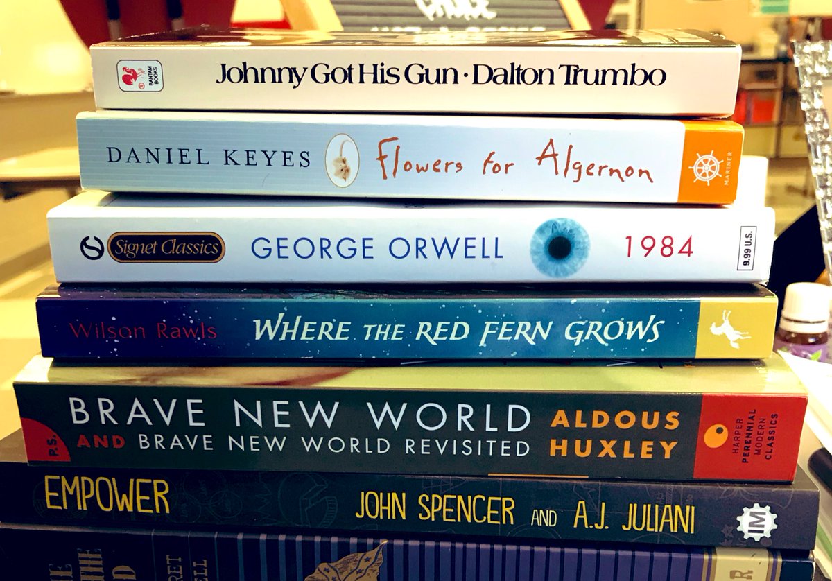 Current reading list... plus a few more not pictured. I’m in the middle of some and re-reading some. My students enjoy looking at my pile and seeing how long it takes to shrink. Then they race to see if they can read more. 🤓📚 #modelingbehavior #independentreading #readinggoals