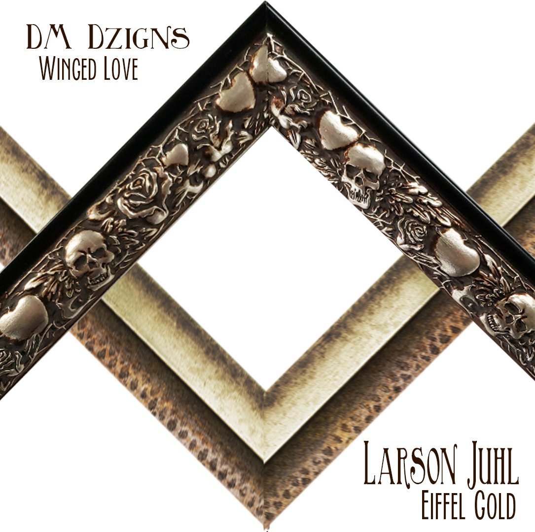 frame_o_mind's tweet image. Check out this #rad pairing of frames! Winged Love by #DMDzigns paired amazing with our most recent @metallica frame job, and @larsonjuhl #eiffel frame has a great #industrial feel, with a #classic element.