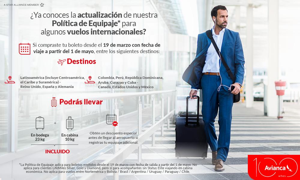 Nueva política de equipaje de Avianca para vuelos a Europa, Estados Unidos, Canadá y México.