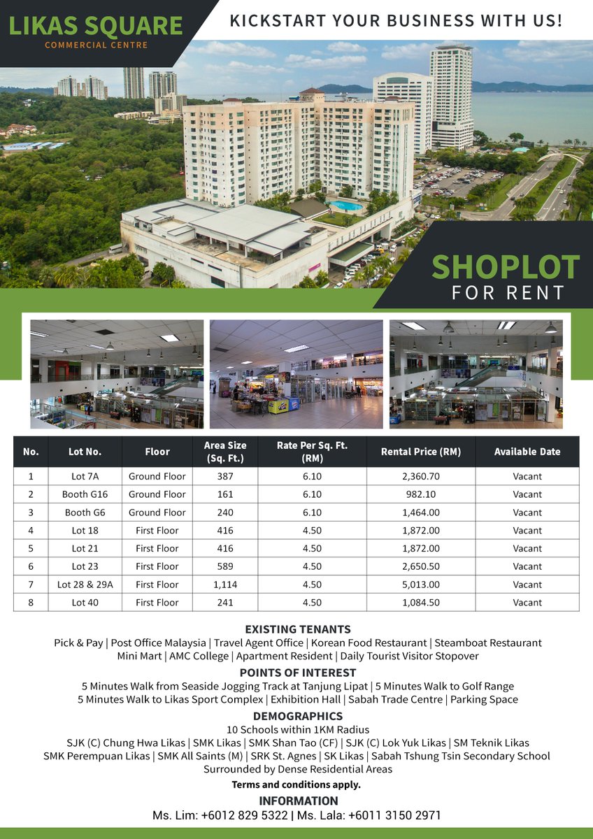 Are you looking for an office space or a shop lot in an ideal location in KK? 
Contact us or visit our office at Lot 22, 1st floor Likas Square to view the vacant lots!