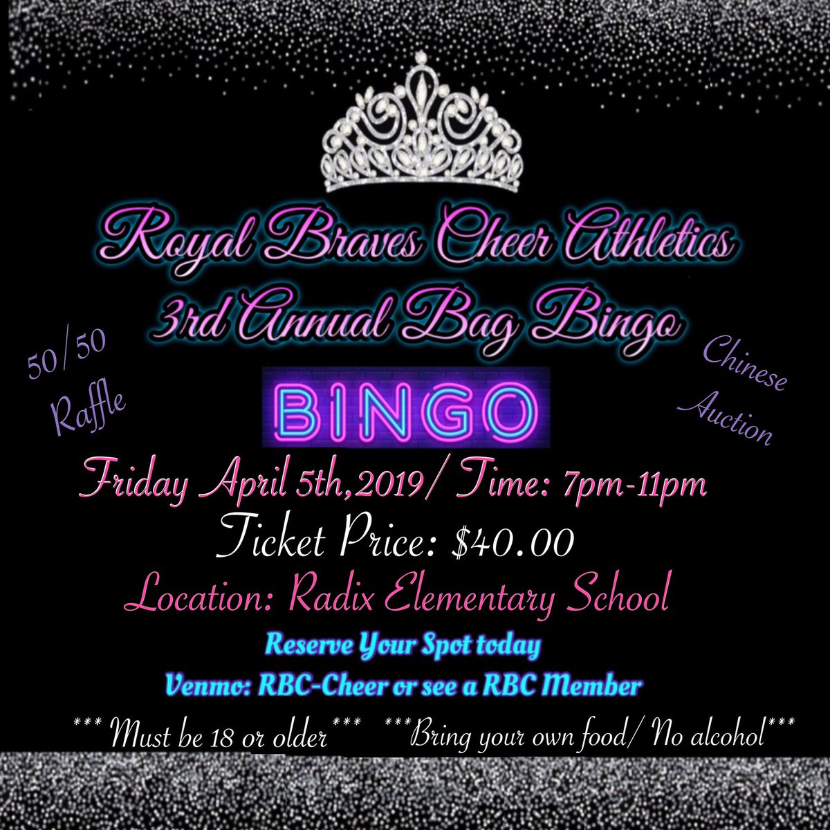 RoyalBraves's tweet photo. Our 3rd Annual Bag Bingo will be held April 5th,2019 at Radix elementary school. Doors open at 6:30pm and Bingo will begin at 7pm. Tickets are on sale now!!! Get your tickets from an RBC cheerleader or member today!! Hope to see ya there!!! 👑 https://t.co/tJEDMmk5JL
