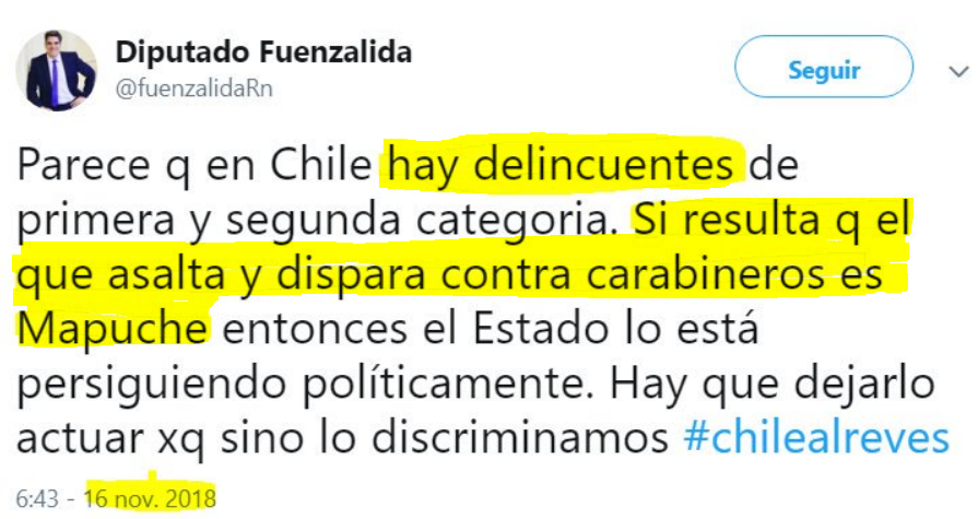 Para Gonzalo Fuenzalida , salvo sus amigos, todos somos sospechosos y delincuentes
Recordemos que este RN infame, calificó a  Camilo Catrillanca de delincuente y afirmó, sin ninguna prueba, que lo asesinaron porque había participado en un asalto y disparado contra los pacos