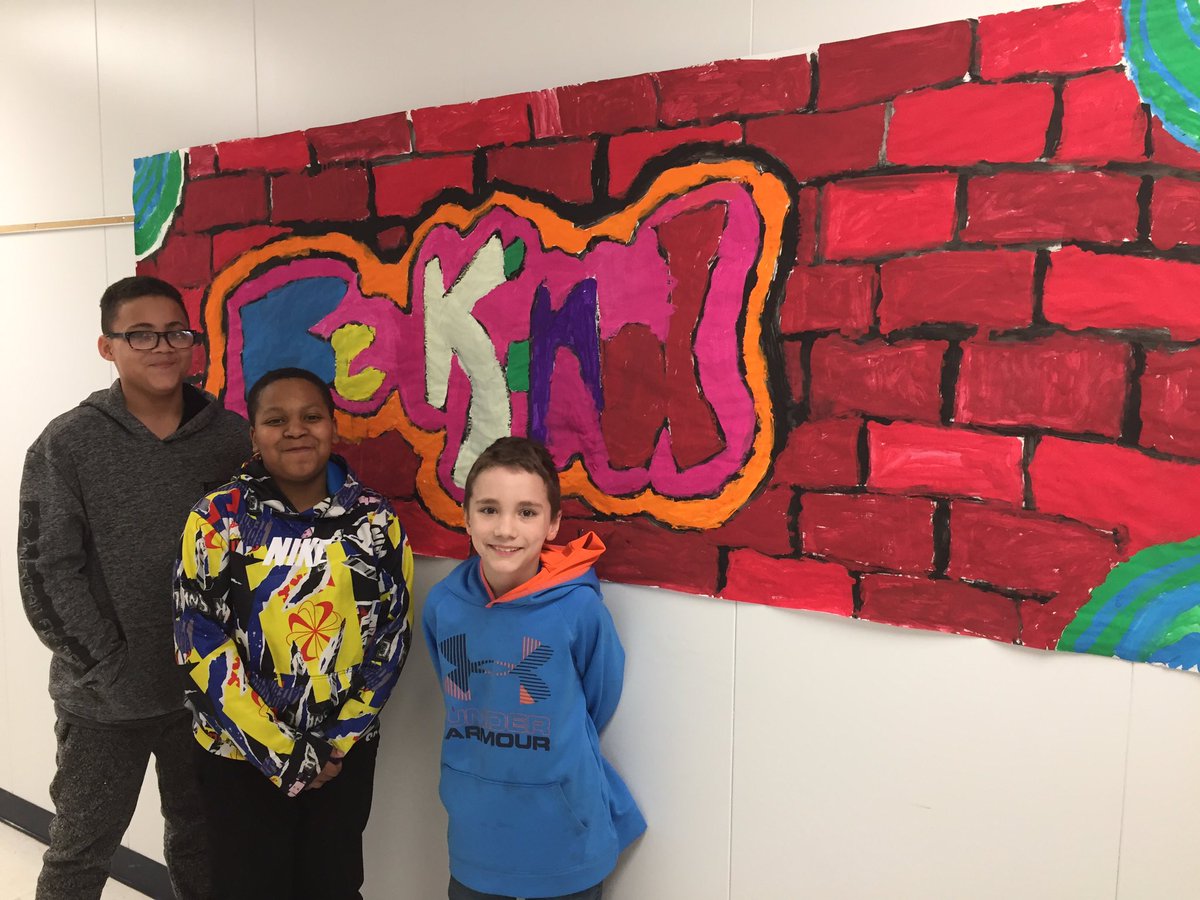 MrWMorris's tweet photo. I have been hosting a group of 5th graders in my room during their art period. They have been working hard   on a portable mural. They each sketched out some ideas and combined them to created this masterpiece. #SuperProud #GreatKids #BeKind https://t.co/URbNpgEjjv