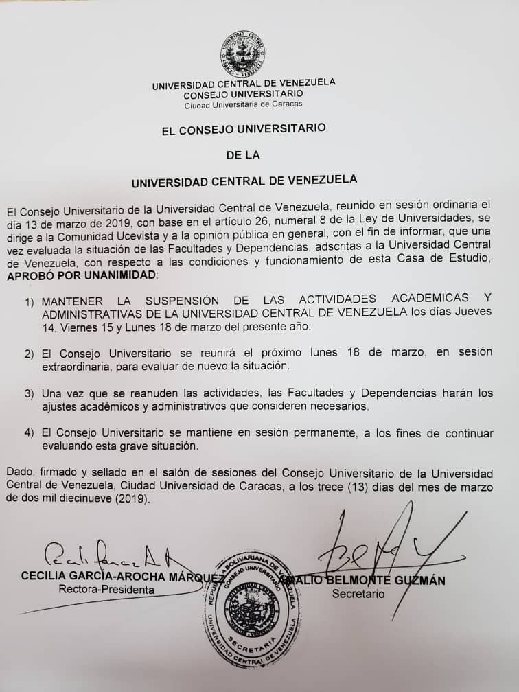 Buenas noches! Resolución del Consejo Universitario de la Universidad Central de Venezuela de hoy miércoles 13/03/2019.
