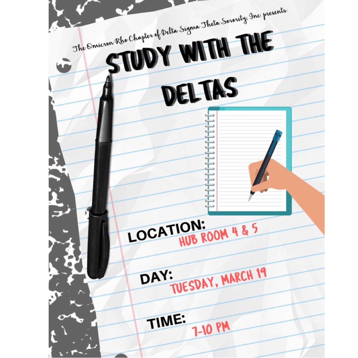As we recover from midterm season and get back from spring break join OP for study with the Deltas🐘. Meet us in HUB room 4&amp;5 from 7-10, March 19th 🔺