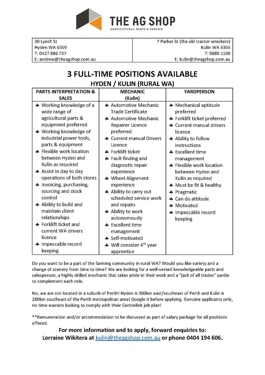 amjansen80's tweet photo. Looking for a job in the Wheatbelt? The Ag Shop in Hyden has 3 positions available https://t.co/Qn0HD116Fw