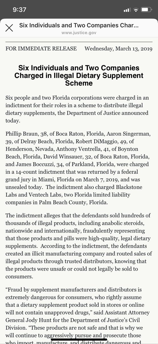 Yet another massive stain on the supplement industry. Money laundering, selling illegal products passing them off as “healthy”

Pathetic. 

justice.gov/opa/pr/six-ind…