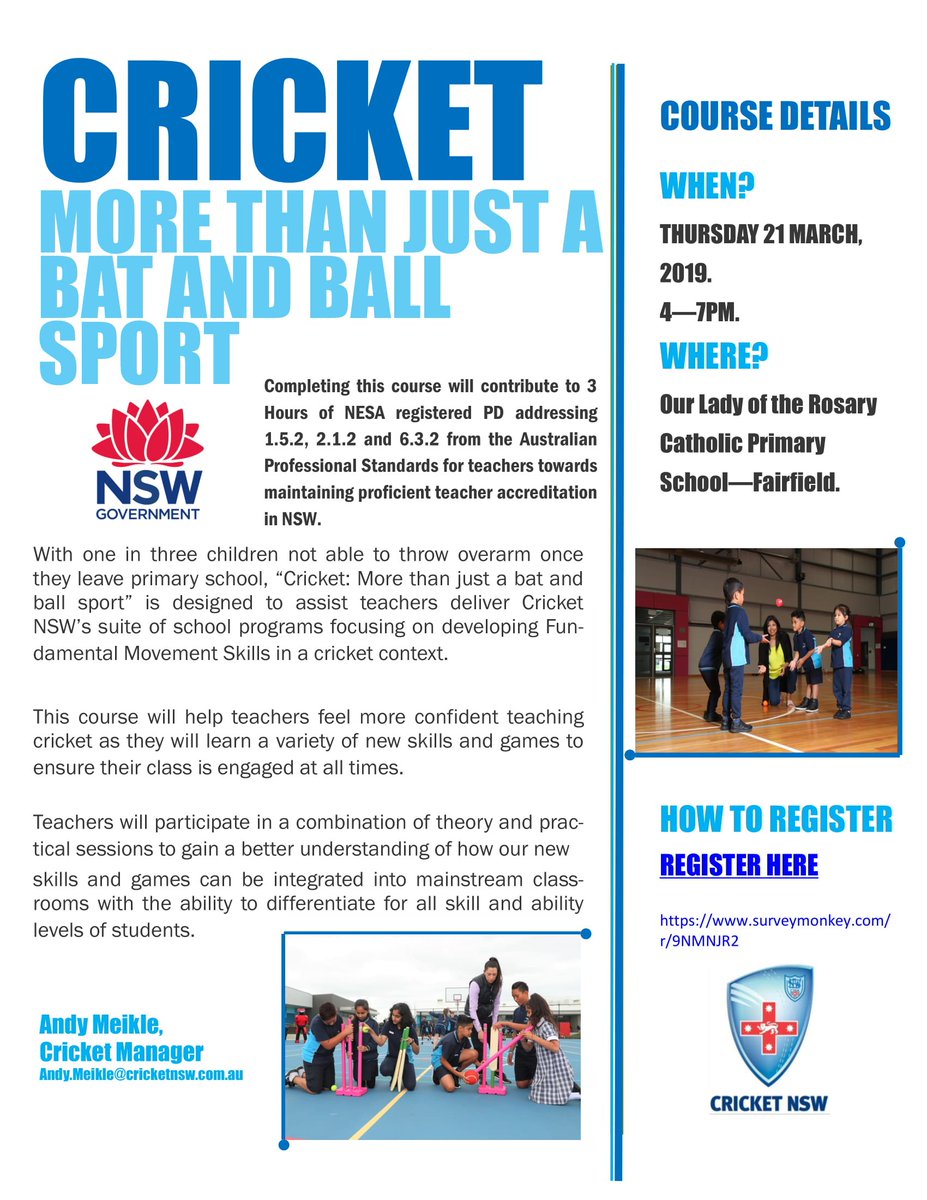 Teachers! Don't miss the great opportunity to attend our cricket-focused NESA course hosted at OLOR PS, Fairfield. This 3-hour PD course centres around how cricket can be used as an education piece in the classroom. Register here: surveymonkey.com/r/9NMNJR2