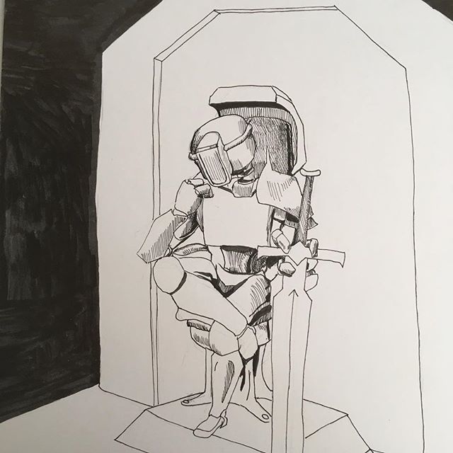 JREDesigns's tweet photo. #marchofrobots Day 12. The chaos of the Wastes leads those who can gather power to carve their own kingdoms. . . .  #ink #inkedart #artistsoninstagram #wasteland #scifiart #dystopicworld #scrapking #bigasssword https://t.co/1WftSleqaf https://t.co/qMVmpVk1Lr