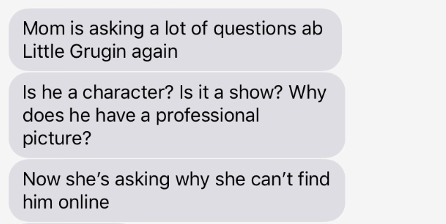 DaveMcNamee3000's tweet image. I sent my mom a photo of a fancy boy I named "Little Grugin" and, well, I just got this text from my sister.