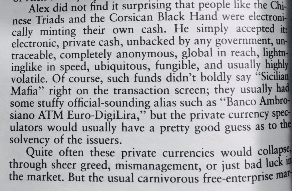 brianrav3n's tweet photo. Reading a novel by Bruce Sterling where he straight up predicts the rise of crypto-currencies and also diagnoses their flaws and behavioral patterns. This was published in 1994. The first real cryptocurrency (digicash) only became publicly available in 1995. Remarkable. https://t.co/VMUmYUaMSk