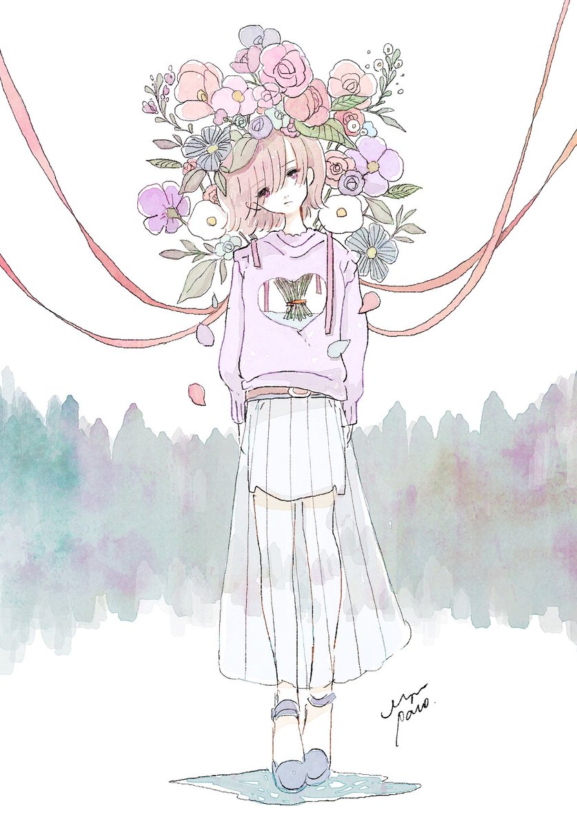 1girl solo skirt flower white skirt pink hair pink flower  illustration images