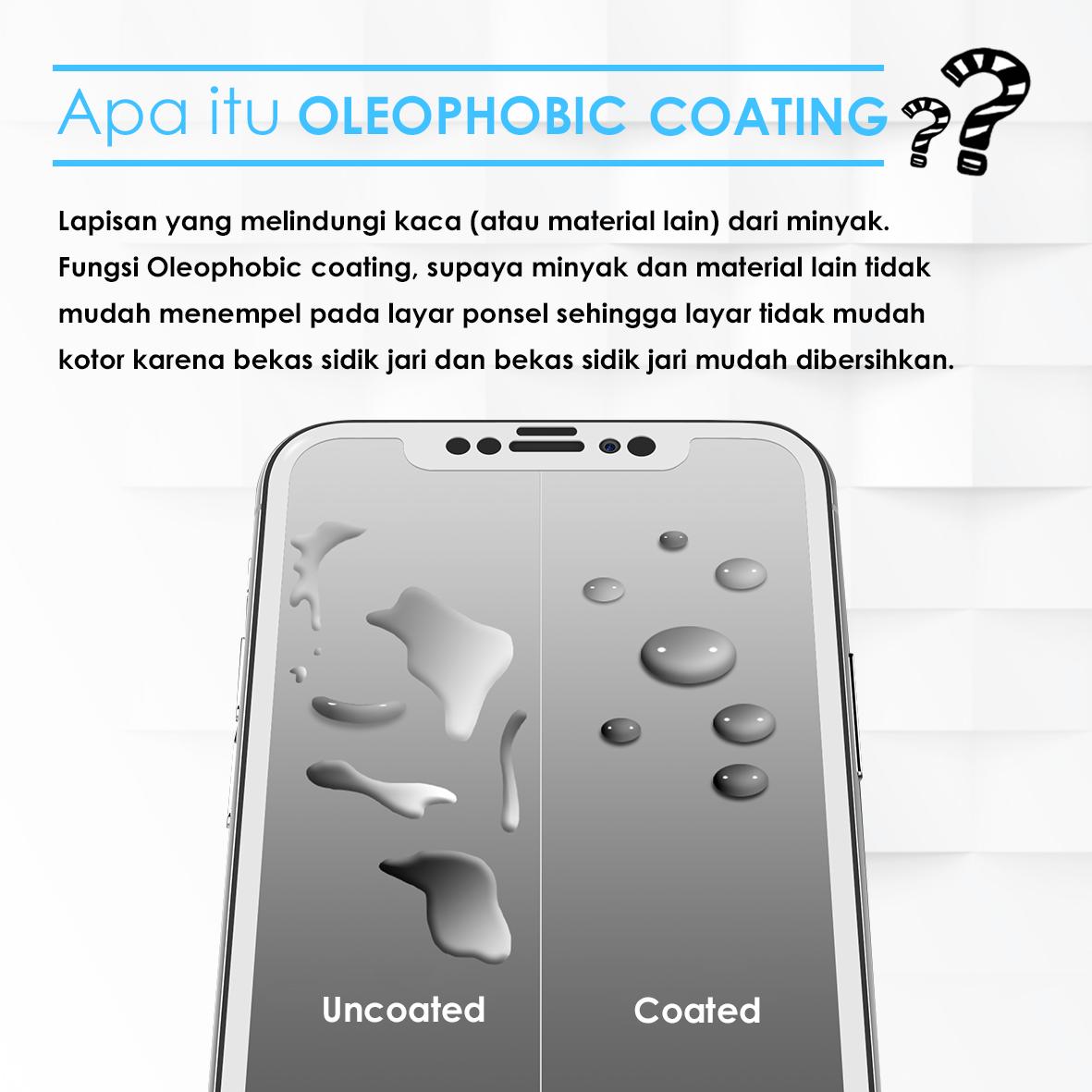 indoscreen's tweet image. Oleophobic Coating adalah lapisan yang melindungi kaca (atau material lain) dari minyak. Fungsinya, supaya minyak dan material lain tidak mudah menempel pada layar ponsel sehingga layar tidak mudah kotor karena bekas sidik jari dan bekas sidik jari  mudah dibersihkan