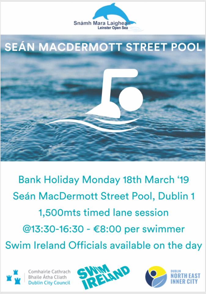 OpenSeaSwims's tweet photo. Bank Holiday Monday 18th March 2019
Seán MacDermott Street Pool, Dublin 1
1,500mts timed lane session
@13:30-16:30 - €8:00 per swimmer
Officials available on the day
Swimmers need a 1,500 time for registering with HYDS https://t.co/QKgPkFac07