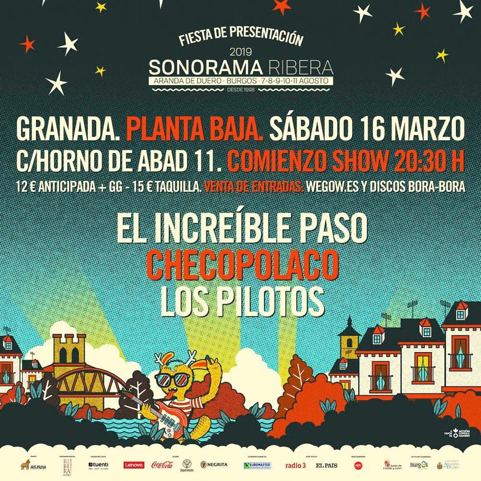 ¡Este sábado nos vemos en la <a href="/salaplantabaja/">Planta Baja</a> de Granada con todos ellos!
<a href="/ElIncreiblePaso/">El Increíble Paso</a> 
@checopolaco 
@Los_Pilotos 
¡Un pedacito de Sonorama Ribera llega a Granada!
Entradas en: 
👉 wegow.com/conciertos/fie…