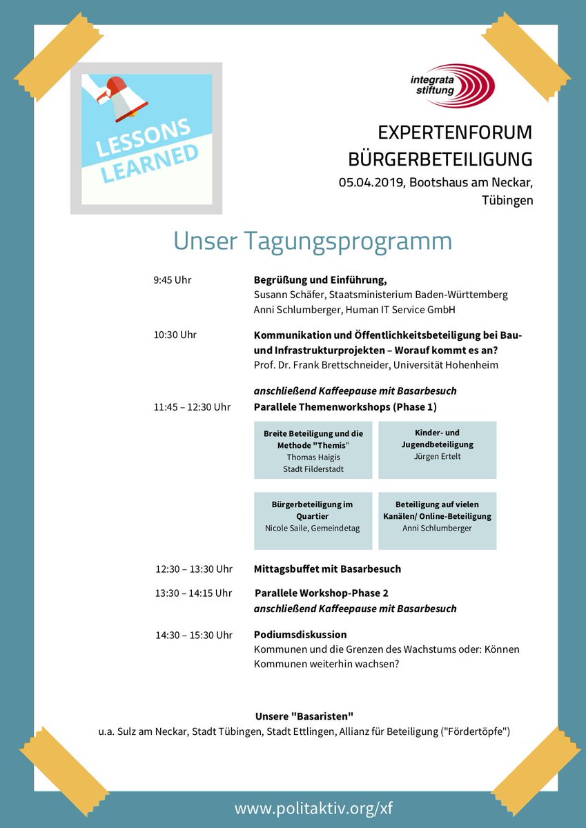 Integrata-Stiftung (@integratastiftu) on Twitter photo Druckfrisch: Das Programm zum #xf19 am 5.4.19 in #Tübingen. Was wissen wir in Sachen #Bürgerbeteiligung? Und: Wo geht die Reise hin? Anmelden, Vorbeikommen, Mitdiskutieren!
<a href="/StaedtetagBW/">Städtetag BW</a> <a href="/Gemeindetag_BW/">Gemeindetag BW</a> <a href="/TubingerL/">Tübinger Liste</a> <a href="/stadtettlingen/">Stadt Ettlingen</a> <a href="/herrenberg_info/">Herrenberg</a> <a href="/SPDReutlingen/">SPD Reutlingen</a> <a href="/RP_Tuebingen/">Regierungspräsidium Tübingen</a> Druckfrisch: Das Programm zum #xf19 am 5.4.19 in #Tübingen. Was wissen wir in Sachen #Bürgerbeteiligung? Und: Wo geht die Reise hin? Anmelden, Vorbeikommen, Mitdiskutieren!
<a href="/StaedtetagBW/">Städtetag BW</a> <a href="/Gemeindetag_BW/">Gemeindetag BW</a> <a href="/TubingerL/">Tübinger Liste</a> <a href="/stadtettlingen/">Stadt Ettlingen</a> <a href="/herrenberg_info/">Herrenberg</a> <a href="/SPDReutlingen/">SPD Reutlingen</a> <a href="/RP_Tuebingen/">Regierungspräsidium Tübingen</a>