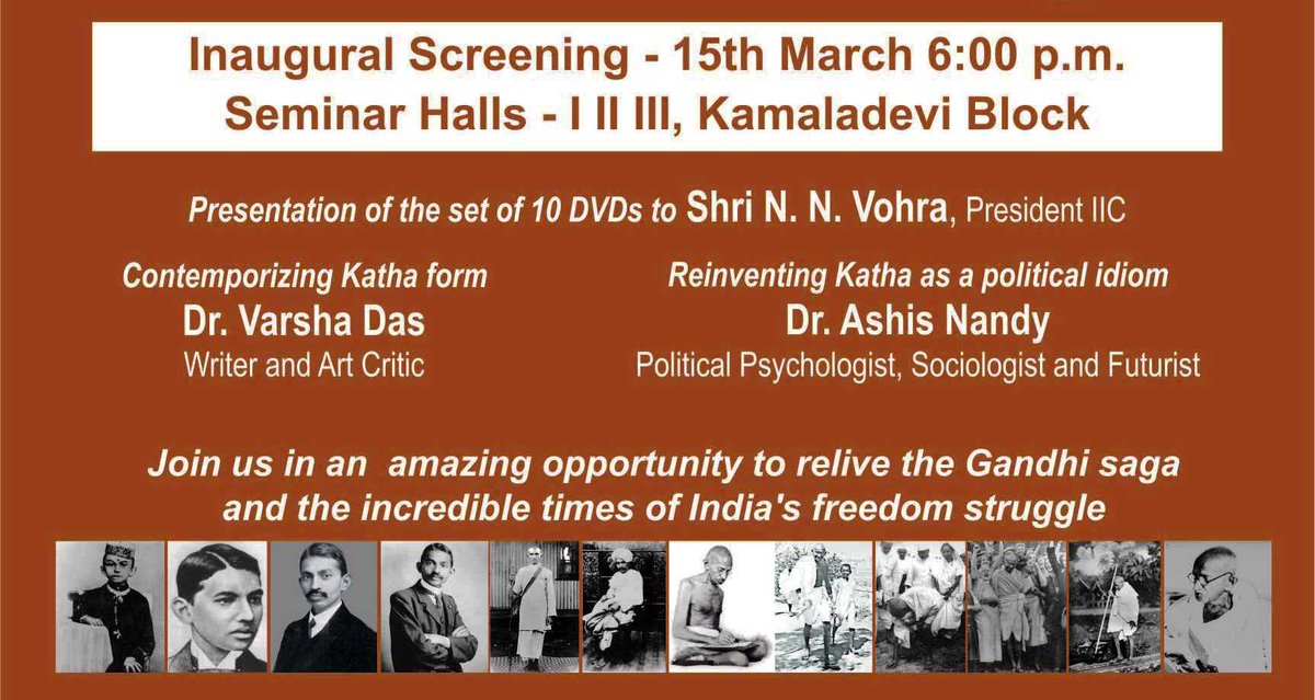 suhasborker's tweet photo. Narayan Desai's Gandhi Katha - Inaugural Screening on 15th March 2019 at 6.00 pm @iicdelhi https://t.co/uwanMZq0bY