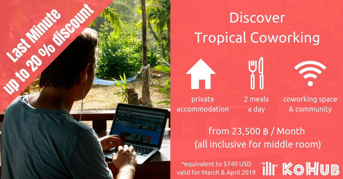 Get some CM burning relief and pop down to lanta for a month. We extended our discount to include April 2019. From a very affordable 23,500 THB a month (including 2 meals a day, membership and accommodation) kohub.org/packages