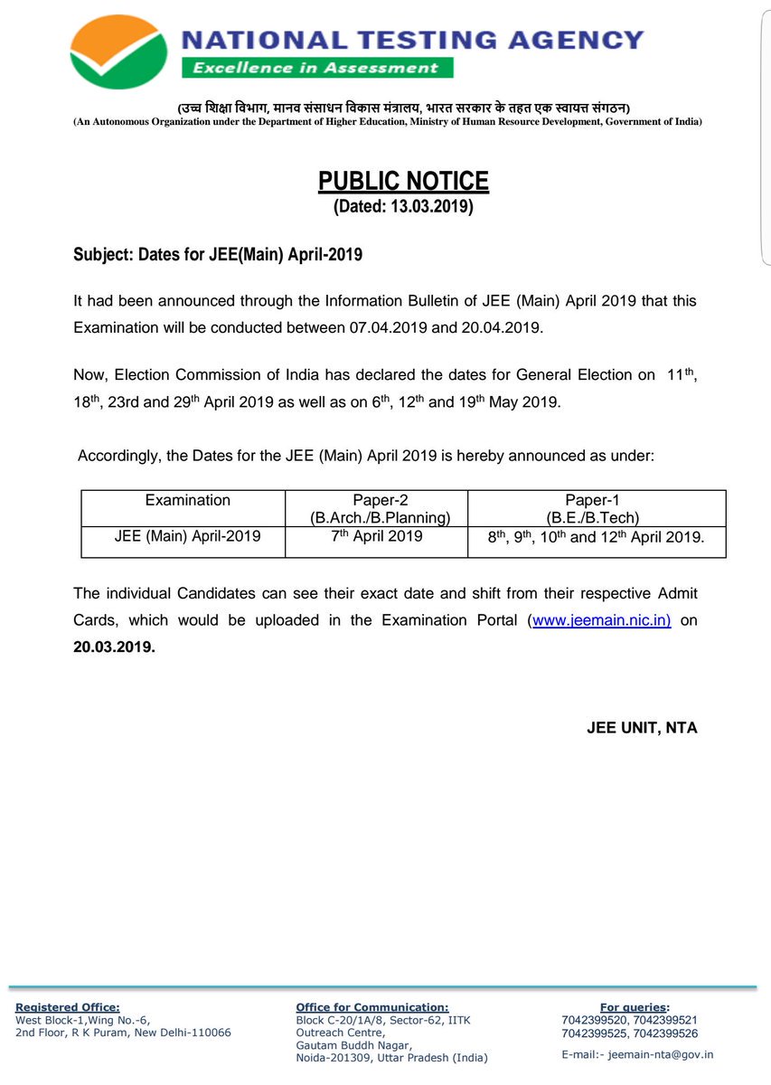 scholarskatta's tweet photo. JEEMain 2019 (April) exam dates revised 
Dear all students please check given notice.
#jeemainapril2019 #examdatesrevised #12thscience #entranceexam #useful for #BE #Btech #BArch #BPlanning #admission #scholarskatta https://t.co/GRw5X95smB